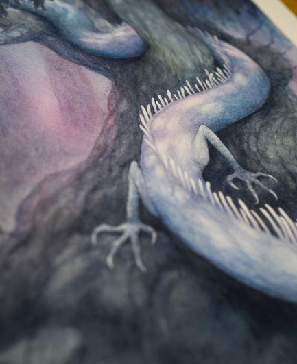 watercolour painting of a pale serpent/lizard sliding out of a large ancient tree in a purply blue light. detail of the back and front legs