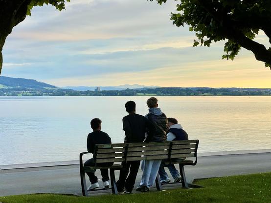 Vier Jugendliche geniessen den Abend am See