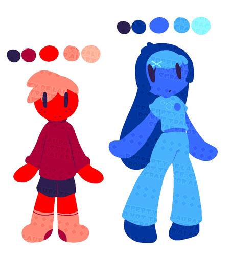 drawn personifications of the red and blue google balls.

the red one on the left has red skin, light red hair, a slightly dark red sweater, navy jorts, and light red socks.
the blue one has blue skin, dark blue hair with light blue accents, a light blue crop top with a google balls themed graphic printed onto it, light blue jeans, and navy socks.