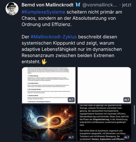 Bernd von Mallinckrodt Y @vonmallinck... • jetzt #KomplexeSysteme scheitern nicht primär am Chaos, sondern an der Absolutsetzung von Ordnung und Effizienz.
Der #Mallinckrodt-Zyklus beschreibt diesen systemischen Kipppunkt und zeigt, warum adaptive Lebensfähigkeit nur im dynamischen Resonanzraum zwischen beiden Extremen entsteht.🖖