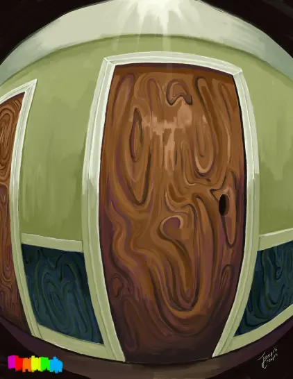 A murky hotel hallway, drawn to look like it was put through a fisheye effect. The view is focusing on a door. The wood on the door is unnaturally swirly and the handle is missing.