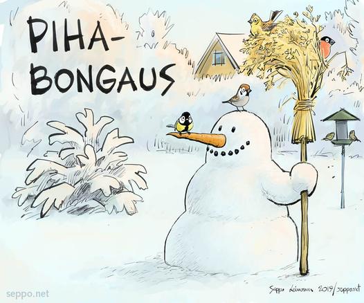 Lumiukko seisoo pihala kädessään kauralyhde ja takana lintujen ruokinta-automaatti. Kuvassa myös talitiainen, pikkuvarpunen, keltasirkku ja punatulkku.