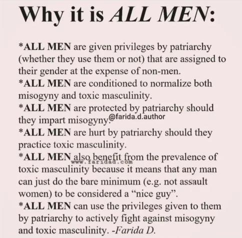 Graphic with the heading “Why it is ALL MEN:” followed by bullet points explaining how patriarchy grants men systemic privilege, normalizes misogyny and toxic masculinity, protects men who perpetuate harm, harms men who practice toxic masculinity, and allows men to benefit from low expectations. The text argues that men can use this privilege to actively fight misogyny and toxic masculinity.