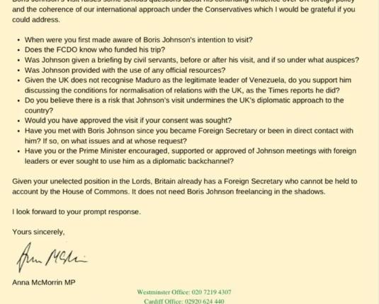 2/2 letter to Lord Cameron unelected Foreign Secretary, Secret Meetings Johnson, Maduro,. MCmorren MP Cardiff North 10 March 2024 #RussianInterference