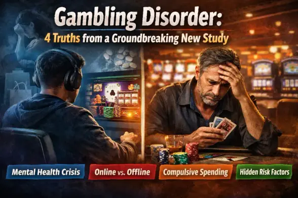 Featured image showing gambling disorder split between online and casino scenes: a younger man at a computer and an older man distressed at a gaming table.