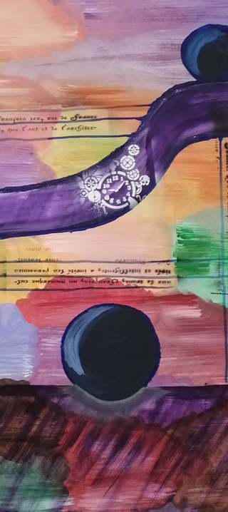 Durch ein Meer sich ineinander auflösender Farben schlängelt sich der Fluss der Zeit, symbolisiert durch ein Ziffernblatt mit verbundenen Zahnrädern.
Dunkle Blasen haben sich vom Fluss der Vergänglichkeit abgespalten unt treiben einzeln umher.