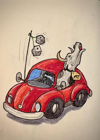 Drawing of a tiny red Volkswagen beetle with a huge cow coming out the driver window and loudly mooing.