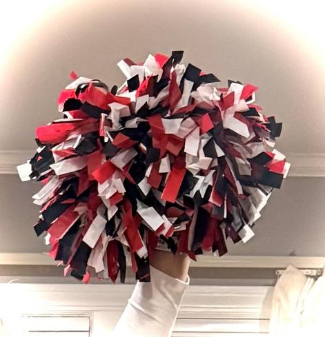A red, white, and black pom-pom being held aloft.