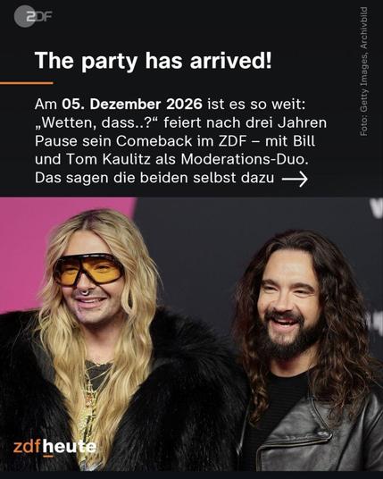 Die Meldung des ZDF, dass Bill und Tom Kaulitz im Dezember 2026 die Sendung "Wetten, dass ...?" moderieren werden inklusive eines Bilds der Zwillinge