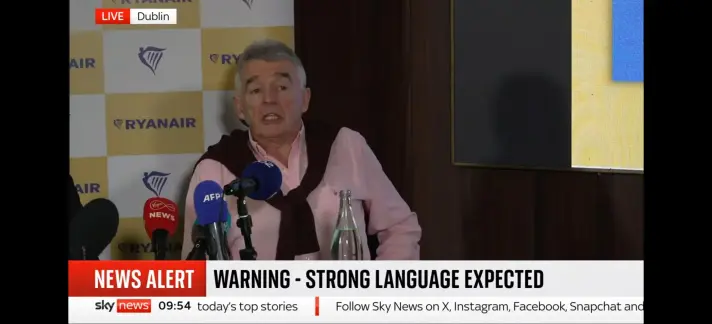 A live interview on Sky News, with the News Alert banner stating "Warning - Strong Language Expected"