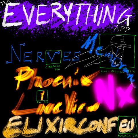 Where to start.. image is hand-drawn with very little care for fidelity but lots of color and effect-laden brush work.

Text is The Everything App, Nerves, Membrane, Phoenix LiveView, Nx, ElixifConf EU.

Spread across the inage are bounding boxes as if doing object detection. Indicating:
Lars Wikman on a sketch of the speaker.
Cinnamon on the v in Nerves.
Fire on the dot of the i in LiveView. Which looks quite fiery.
Malaga on the EU text.

I apologize. And also not.