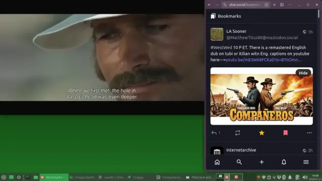 Screenshot of my laptop for a watch party.

Left: Freetube pop-out window showing just the video, none of the app. Adjusted perfectly to fit available space.

Right: Browser window with Mastodon.