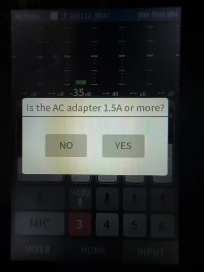 Photo of the Tascam Portacapture X8 error dialog saying "Is the AC adapter 1.5A or more?"