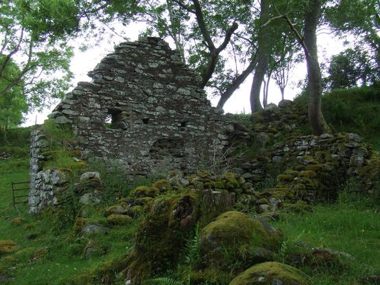 The remains of an old farmhouse in the lost village of Lawers on the banks of Loch Tay, Scotland. Large pieces of moss covered rubble are scattered all over the ground. All that remains of the farmhouse is one large wall, made of rough stones. It has the holes of lost windows in it. It rises to a peak. Behind it are a spattering of long limbed trees. The sky is visible behind the trees.