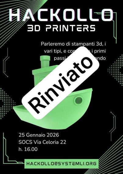 EVENTO RINVIATO // 👾 HACKOLLO GENNAIO // 3D PRINTERS 👾