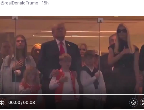 https://truthsocial.com/@realDonaldTrump/posts/115930851302772912
Trump shared a video of himself on social media in which he can be seen grabbing a young boy by the shoulders while everyone else listens to the national anthem with their hands over their hearts.

What isn't visible is that he's drumming on the child's body to the beat of the music.