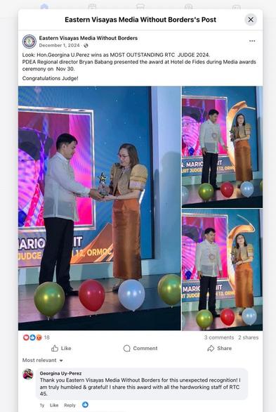 <p class="has-drop-cap">Tacloban City Regional Trial Court Branch 45 Judge Georgina Perez <a href="https://www.rappler.com/philippines/visayas/frenchie-mae-cumpio-convicted-terror-financing-january-2026/">convicted</a> 26-year-old Frenchie Mae Cumpio of terrorism financing, but acquitted her in the illegal possession of firearms and explosives case.</p>



<p>Lay worker Marielle Domequil, 28, also received the same sentence. The two have been in jail for nearly six years, following their arrest on February 7, 2020, at the office of alternative news outlet Eastern Vista in Tacloban City, together with rights advocates Alexander Philip Abinguna, Mira Legion, and Marissa Cabaljao. They are collectively referred to as the “Tacloban 5.”</p>



<p>Local and international groups condemned Cumpio’s conviction, saying it sends a “<a href="https://www.rappler.com/philippines/local-international-groups-reactions-frenchie-mae-cumpio-conviction/">chilling message</a>” to media, activists, and even ordinary people in the Philippines.</p>



<p>Then-president Rodrigo Duterte appointed Perez Tacloban City RTC judge in 2017. She was then promoted as <a href="https://oca.judiciary.gov.ph/wp-content/uploads/Administrative-Order-No.-283A-2020.pdf">vice executive judge</a> in 2020 and later on as <a href="https://oca.judiciary.gov.ph/wp-content/uploads/Administrative-Order-No.-231-2022.pdf">executive judge</a> in 2022.&nbsp;&nbsp;</p>



<p>In 2023, Perez flew to Australia as part of a Philippine jud