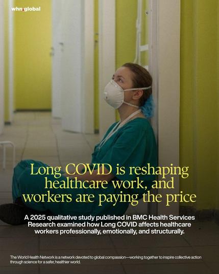 Graphic with the whn.global logo at top left. Background photo shows a healthcare worker in teal scrubs sitting on the floor in a hospital corridor, leaning against a wall and wearing a white respirator mask and hair cover.
Overlaid text reads: “Long COVID is reshaping healthcare work, and workers are paying the price”
Smaller text reads: “A 2025 qualitative study published in BMC Health Services Research examined how Long COVID affects healthcare workers professionally, emotionally, and structurally.”
Footer text reads: “The World Health Network is a network devoted to global compassion—working together to inspire collective action through science for a safer, healthier world.”