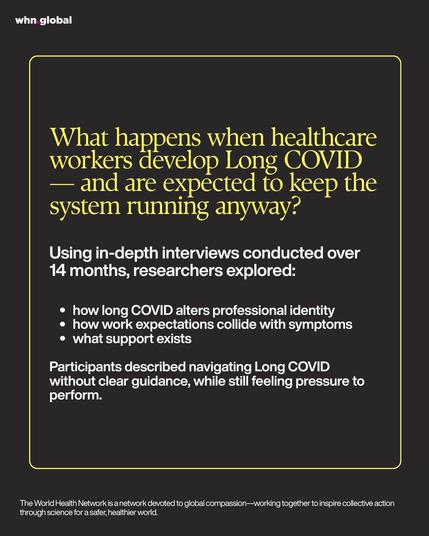 Graphic with the whn.global logo at top left. Dark background with a thin yellow border around a large text box.
Main text reads: “What happens when healthcare workers develop Long COVID — and are expected to keep the system running anyway?”
Smaller text reads: “Using in-depth interviews conducted over 14 months, researchers explored:”
Bullet points read:
• “how long COVID alters professional identity”
• “how work expectations collide with symptoms”
• “what support exists”
Final text reads: “Participants described navigating Long COVID without clear guidance, while still feeling pressure to perform.”
Footer text reads: “The World Health Network is a network devoted to global compassion—working together to inspire collective action through science for a safer, healthier world.”