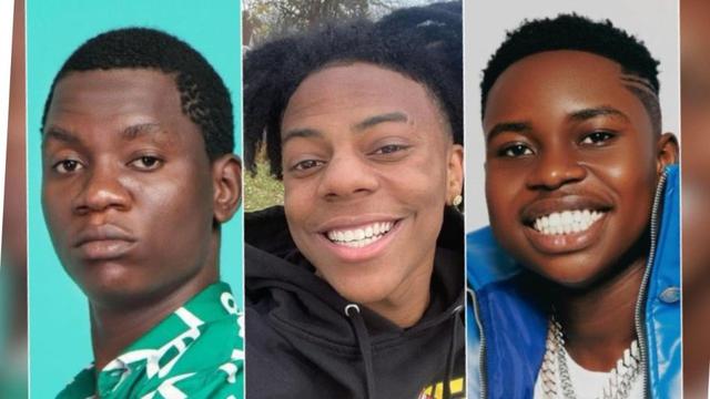A split-screen composite image featuring portraits of three popular internet personalities. From left to right: Nigerian skit maker OGB Recent with a serious expression wearing a green patterned shirt; American YouTube streamer IShowSpeed smiling broadly in a black hoodie; and Nigerian streamer Peller smiling in a blue jacket.