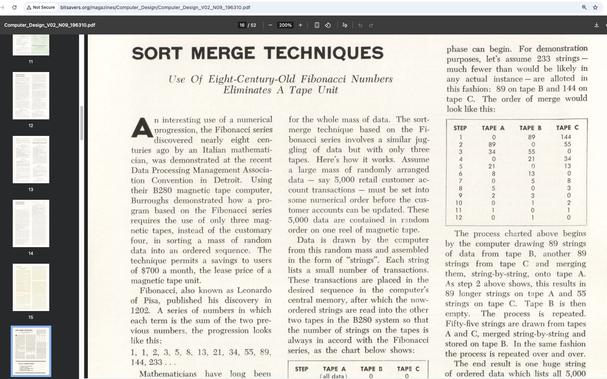 Page from "Computer Design" magazine

Heading: SORT MERGE TECHNIQUES [bold grotesque sans]
Subhead: Use of Eight-Century-Old Fibonacci Numbers Eliminates A Tape Unit [Caledonia Italic]

[drop cap] An interesting use of a numerical progression, the Fibonacci series discovered nearly eight centuries ago by an Italian mathematician, was demonstrated at the recent Data Processing Management Association Convention in Detroit. Using their B280 magnetic tape computer, Burroughs demonstrated how a program based on the Fibonacci series requires the use of only three magnetic tapes, instead of the customary four, in sorting a mass of random data into an ordered sequence. …