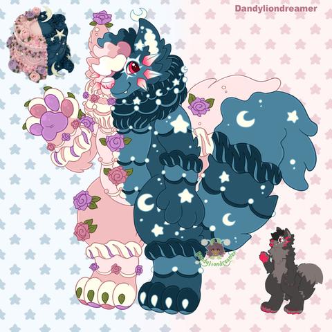 a fursona redesigned to have  the themed elements from a cake, the cake its a half pink half blue roses and stars theme