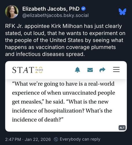 Screen shot of Bluesky post explaining that the US government wants to experiment on the public using declining vaccination rates and spreading disease