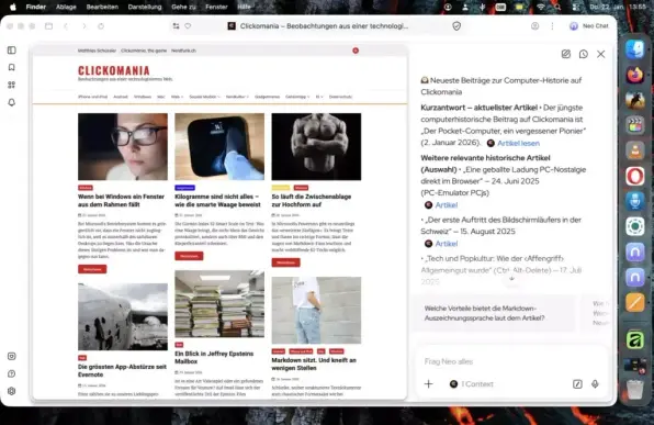 Ein Screenshot der Webseite «Clickomania» mit Artikeln zu Technikthemen wie Windows und Gewichtsmessung. Rechts eine