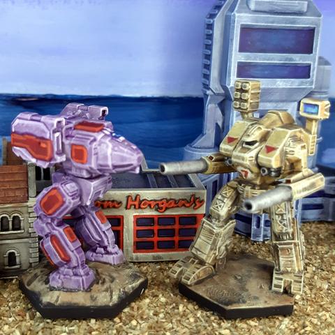 Two battlemechs, a Stalker and a Warhammer, stand guard in front of a Tom Horgan's donut shop.