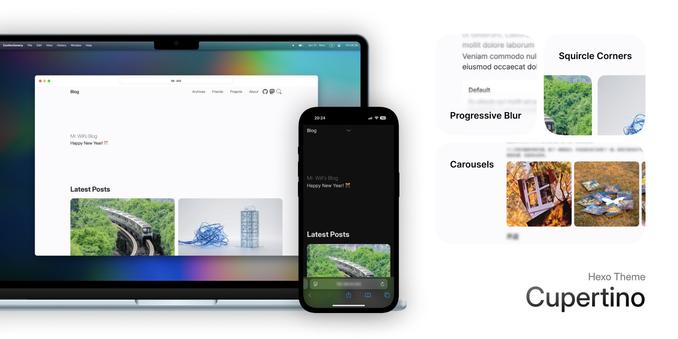 A promotional poster for Hexo Theme Cupertino displays the theme's responsive blog design on a laptop and smartphone. Callouts highlight specific design features including progressive blur, squircle corners, and image carousels.