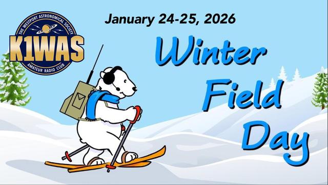 Cartoon polar bear skiing with radio gear promotes K1WAS Winter Field Day event on January 24-25, 2026.