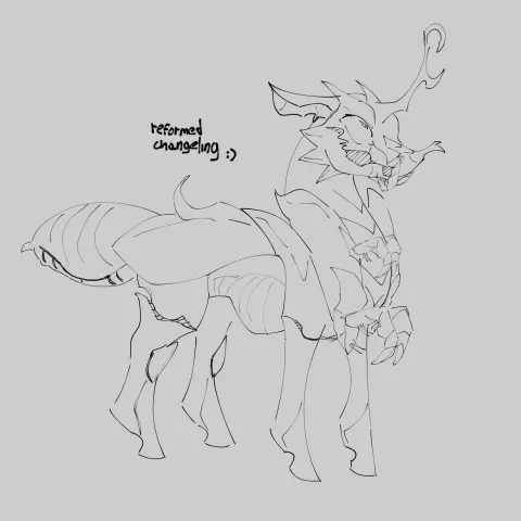 A digital sketch of a bug that looks like a horse. Written text next to it reads "reformed changeling :)"