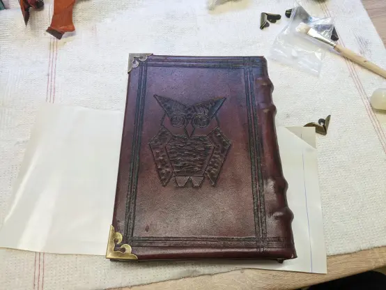 Back of a dark brown leather bound book. There is an owl hand stamped into the leather. The edges are protected by golden edges.