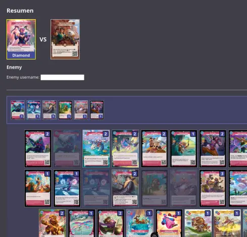 Captura una vez he elegido mazo donde se ve que puedo ir seleccionando las cartas que me han salido y ver las que me faltan por robar.