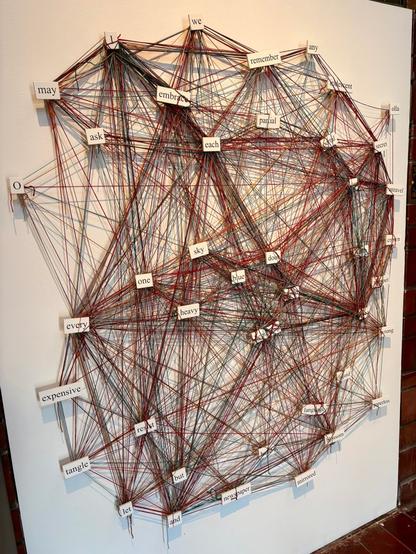 Colorful strings connect a variety of words mounted on a white wall.