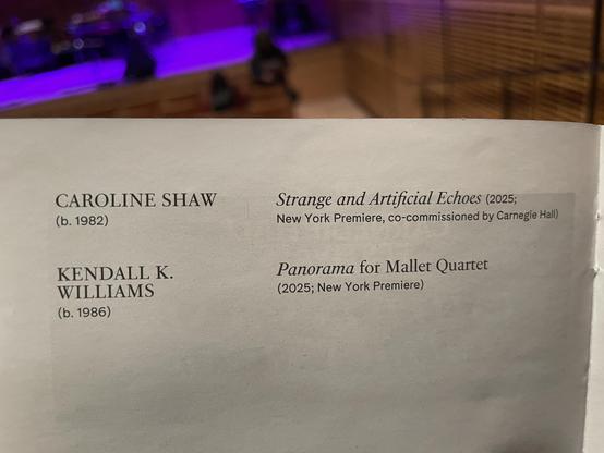 CAROLINE SHAW
(b. 1982)
KENDALL K.
WILLIAMS
(b. 1986)
Strange and Artificial Echoes (2025;
New York Premiere, co-commissioned by Carnegie Hall)
Panorama for Mallet Quartet
(2025; New York Premiere)