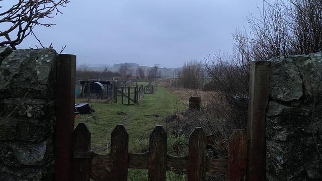 A dark morning pictured over a wooden gate in a stone wall. The sky, fields and foreground are various shades of grey.
