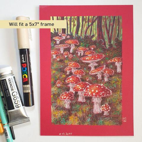 A small colour drawing of a woodland grove filled with fairy toadstools, the iconic red and white fly agaric mushrooms. The drawing is in an illustrative style with white outline around the mushrooms.
Fly agaric is the classic fairy tale toadstool, this red and white fungus is often found beneath birch trees in autumn.
An original art work, please note that the frame is not included.
Colour pencil and mixed media on acid free toned artist paper
5 by 7 inches (12.7 by 17.8 cm).