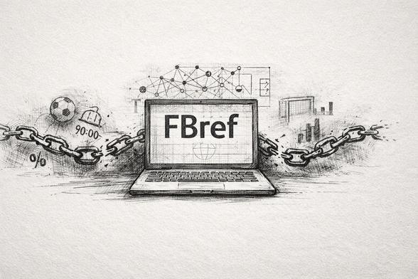 Un'illustrazione con un laptop che mostra il testo "FBref" con catene attaccate. Gli elementi circostanti includono un pallone da calcio, una campana, l'ora "90:00", grafici e vari simboli statistici, enfatizzando temi di dati e analisi sportiva