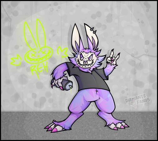 A drawing of a purple Labubu wearing a black shirt. She is holding a can on spray paint, behind her on the wall is a crude Labubu smiley face that she sprayed.