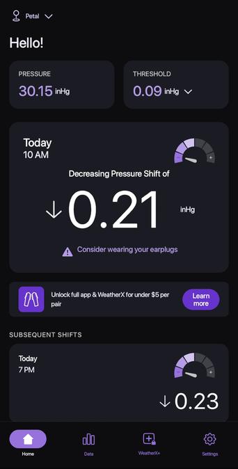 A dark-mode screenshot from the WeatherX app showing a barometric pressure alert. Large white text reads "Decreasing Pressure Shift of 0.21 inHg" centered at 10 AM. A gauge icon in the top right shows the pressure needle dropping. A warning below reads "Consider wearing your earplugs." At the bottom, a second alert forecasts another drop of 0.23 inHg at 7 PM, indicating a sustained decrease throughout the day.