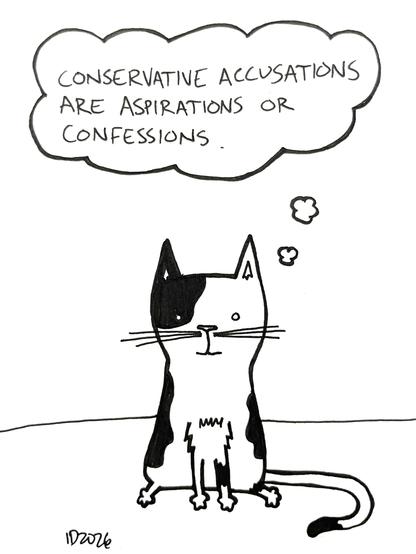 a black and white cat sits and thinks "conservative accusations are aspirations or confessions."