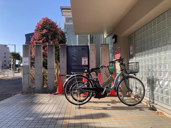 A blue bicycle and a black bicycle are parked near a modern building surrounded by concrete walls and a flowering bush. The area features a tiled walkway with traffic cones and signs. Bright sunlight illuminates the scene against a clear blue sky.