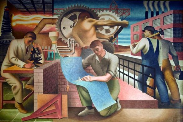 A mural depicting industrial workers engaged in various tasks. On the left, a scientist examines a specimen under a microscope. In the center, an engineer studies blueprints. On the right, two laborers are shown working with machinery, highlighting themes of labor and industry.