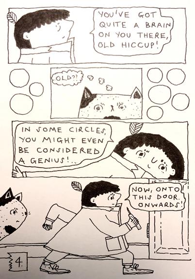 An inked comic page where detective Tso muses on whether Hiccup the cat is a genius…the ruling…yes, Hiccup is.