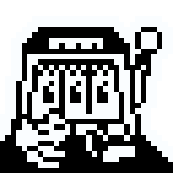 2 bit pixel art of a slot machine with a skull and suspicious button on it