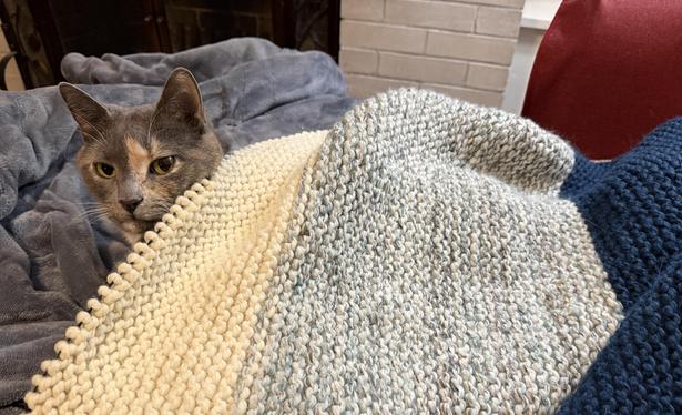 and blue stripped blanket that’s about half way done.