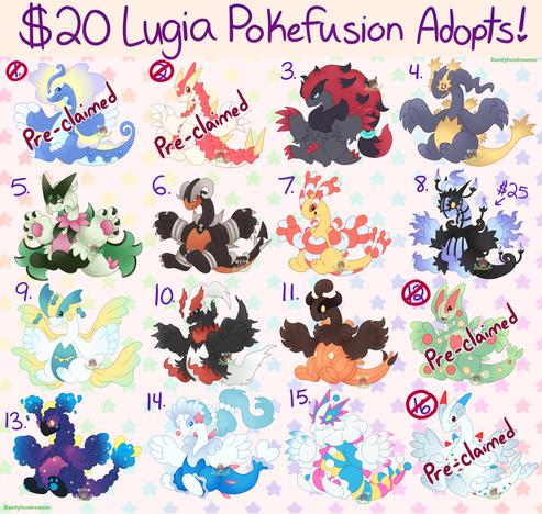 it says $20 lugia pokefusion adopts!

#1 aurorus, #2 wurmple, #12 reuniclus, and #16 togekiss are all preclaimed by kofi members

a batch of pokemon fusions adoptables of lugia fused with aurorus, wurmple, zoroark, banette, meowscarada, houndoom, chingling, chandelure, jirachi, darkrai, pumpkaoo, reuniclus, ccosmog, primarine, blacephelon, and togekiss