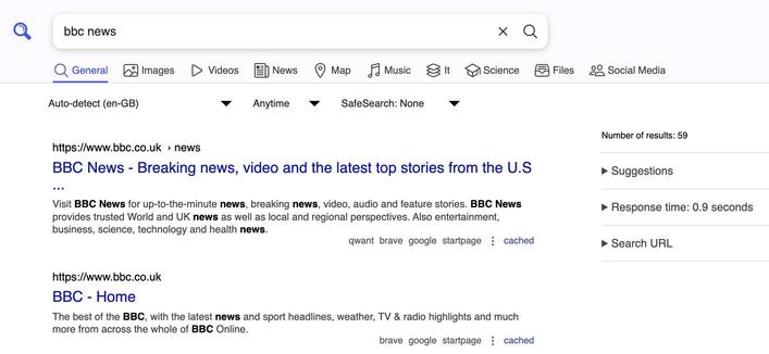 Google search results for "bbc news" show top links, including BBC News homepage and US news section, with details like response time and suggestions.