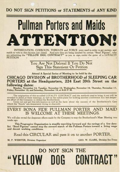Poster warning Pullman Porters not to sign Yellowdog Contracts.